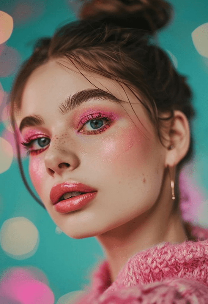Glamorous makeup model with pink eyeshadow and coral lips