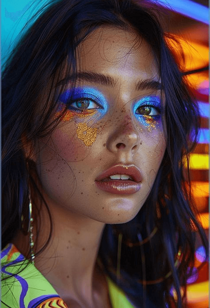 Glamorous woman with colorful makeup and lighting